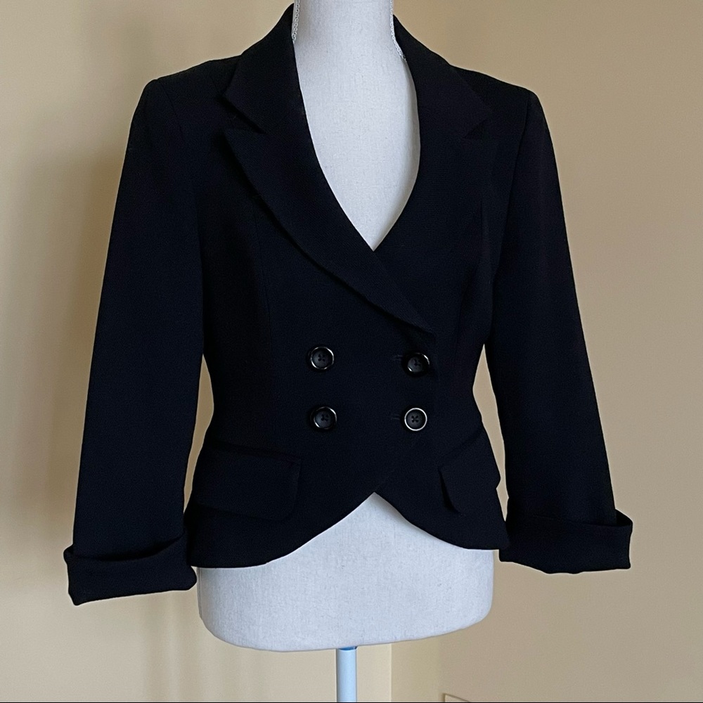 Short black double breasted wool blazer